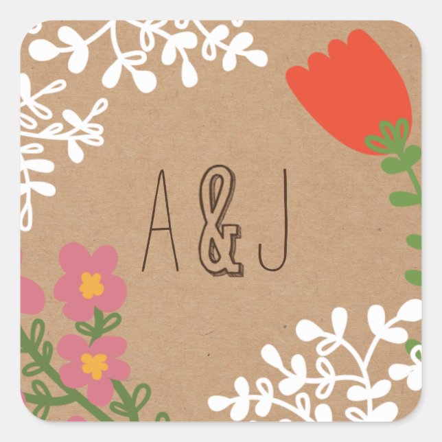 Rustic Mason Jar with Flowers on Craft Paper Square Sticker (Front)