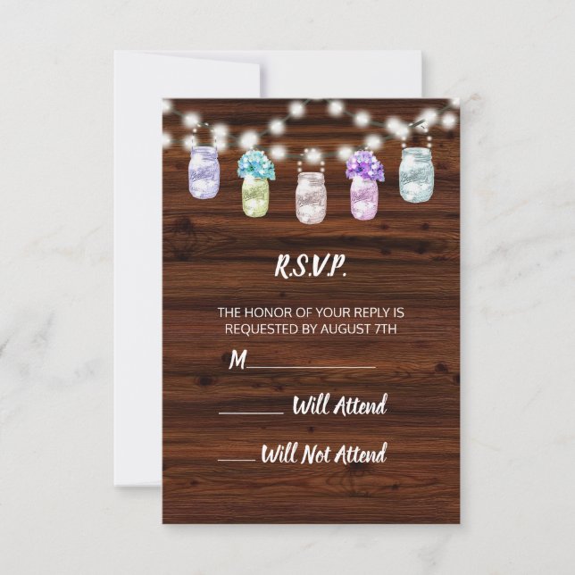 Rustic Mason Jar With Lights Wedding R.S.V.P. RSVP Card (Front)