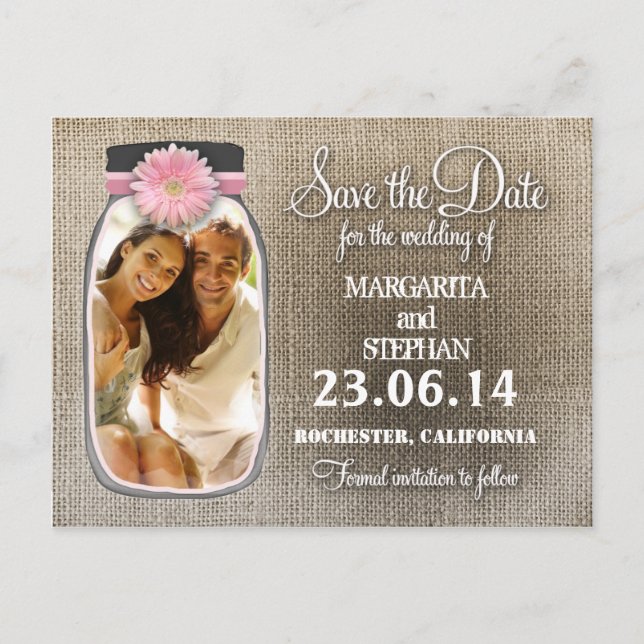 Rustic Mason Jar With Your Photo Save The Date Announcement Postcard (Front)