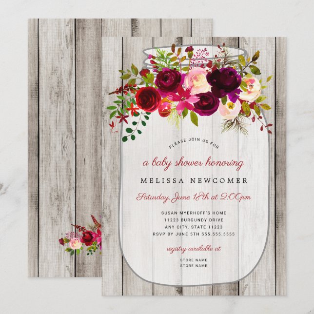 Rustic mason jar wood floral baby shower  invitation (Front/Back)