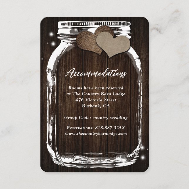 Rustic Mason Jar Wood Hearts Accommodation Card (Front)
