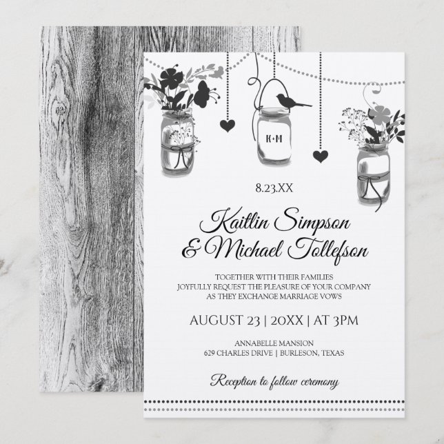 Rustic Mason Jar Wood Kraft Wedding Invitations (Front/Back)