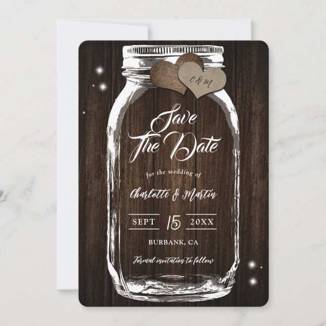 Rustic Mason Jar Wood Two Burlap Hearts Wedding Save The Date (Front)