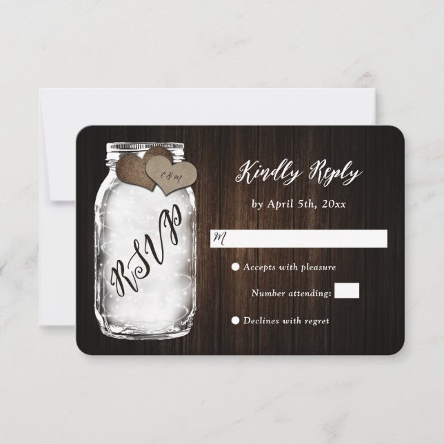 Rustic Mason Jar Wood Wedding RSVP Card (Front)