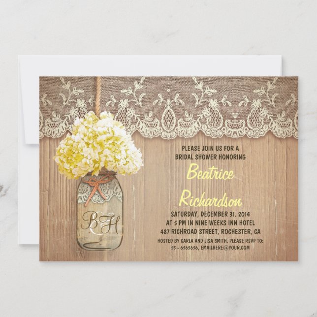 rustic mason jar yellow hydrangea bridal shower invitation (Front)