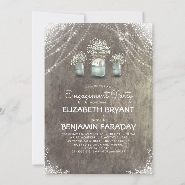 Rustic Mason Jars Baby's Breath Engagement Party Invitation (Front)