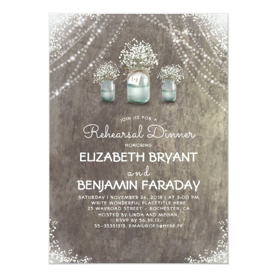 Rustic Mason Jars Baby's Breath Rehearsal Dinner Card