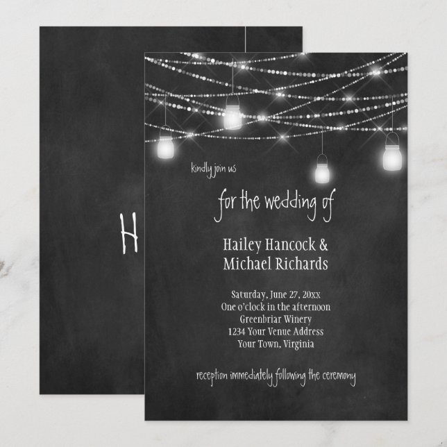 Rustic Mason Jars Lights Chalkboard Invitations (Front/Back)