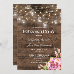 Rustic Mason Jars Lights Floral Rehearsal Dinner Invitation