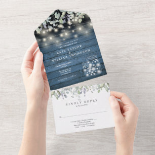 Rustic Mason Jars Lights Foliage Monogram Wedding All In One Invitation
