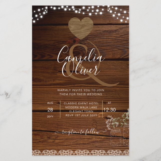 Rustic Mason Jars Lights Lace Gypsophilia WEDDING Flyer (Front)