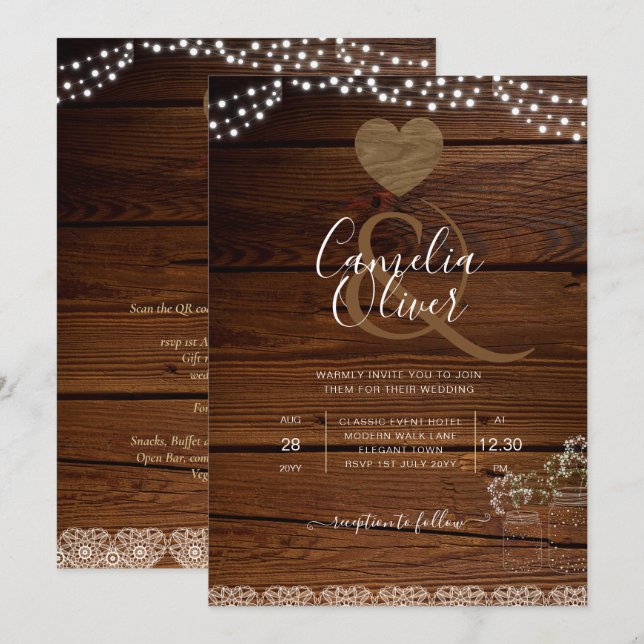 Rustic Mason Jars Lights Lace Gypsophilia WEDDING Invitation (Front/Back)