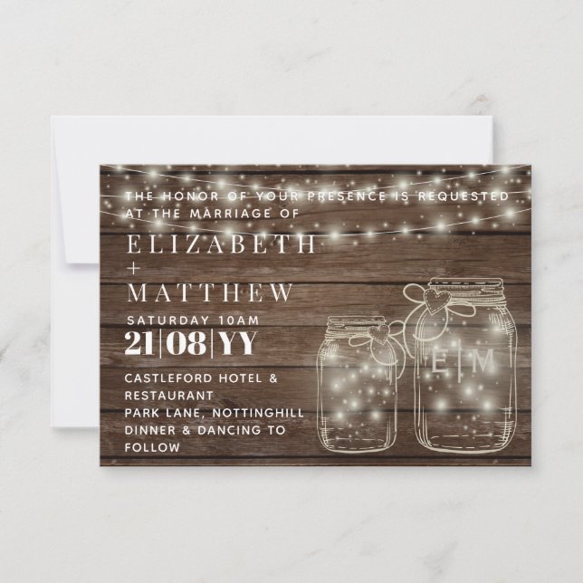 Rustic Mason Jars Lights Wedding Invites with Env. (Front)