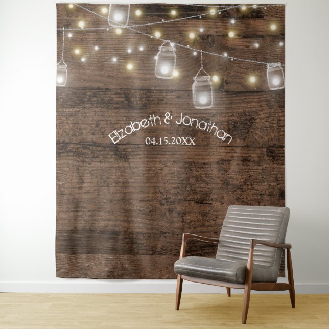 Rustic Mason Jars & Lights Wedding Photo Backdrop Tapestry (In Situ)