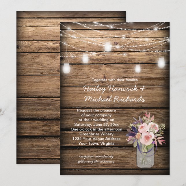 Rustic Mason Jars Lights Wildflowers Barn Wedding Invitation (Front/Back)