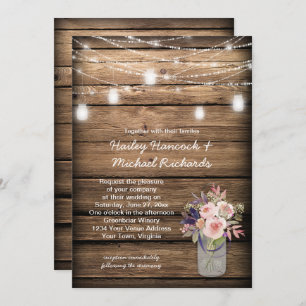 Rustic Mason Jars Lights Wildflowers Barn Wedding Invitation