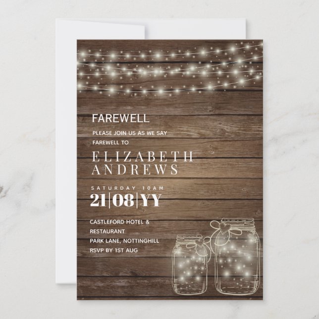 Rustic Mason Jars Lights Wood FAREWELL Goodbye Holiday Card (Front)