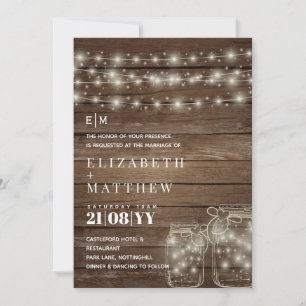 Rustic Mason Jars Lights Wood Wedding Invitations