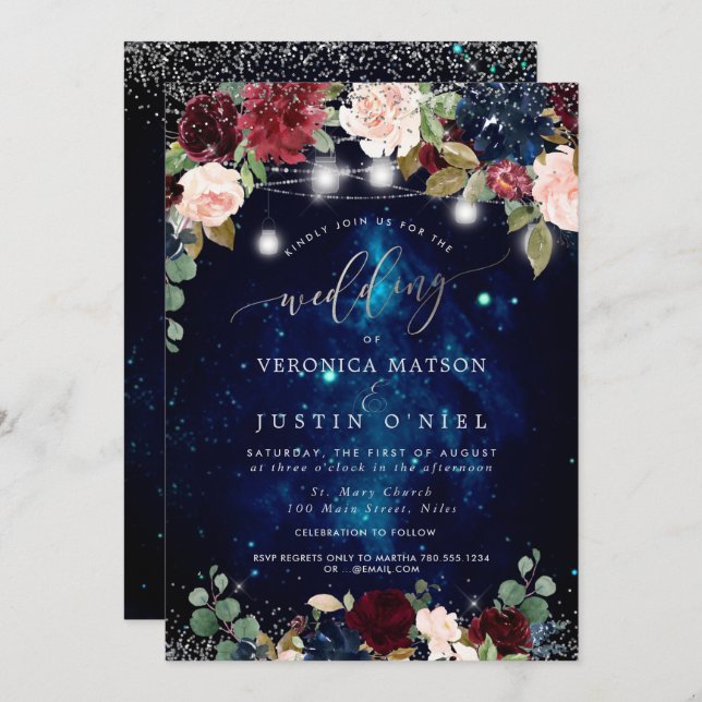 Rustic Mason Jars Midnight Sky Burgundy Flowers Invitation (Front/Back)