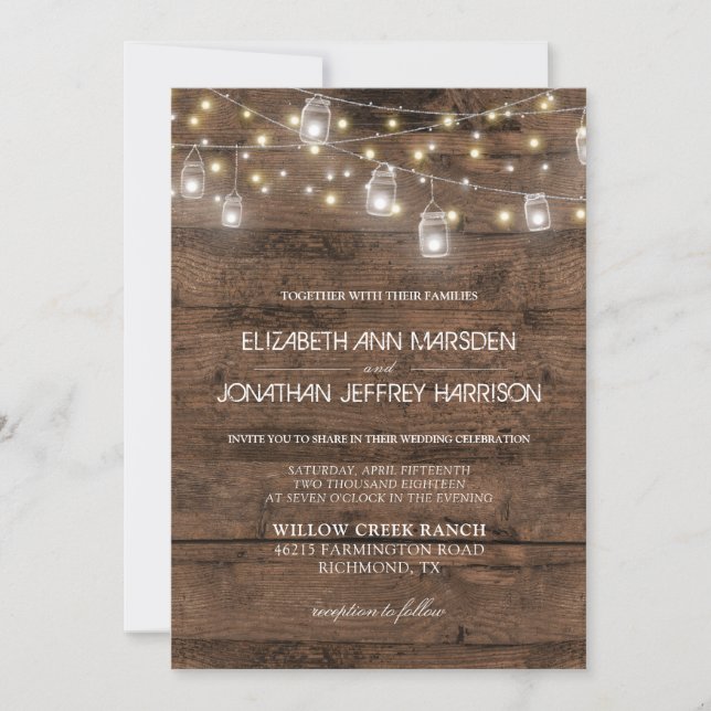 Rustic Mason Jars String Lights Elegant Wedding Invitation (Front)