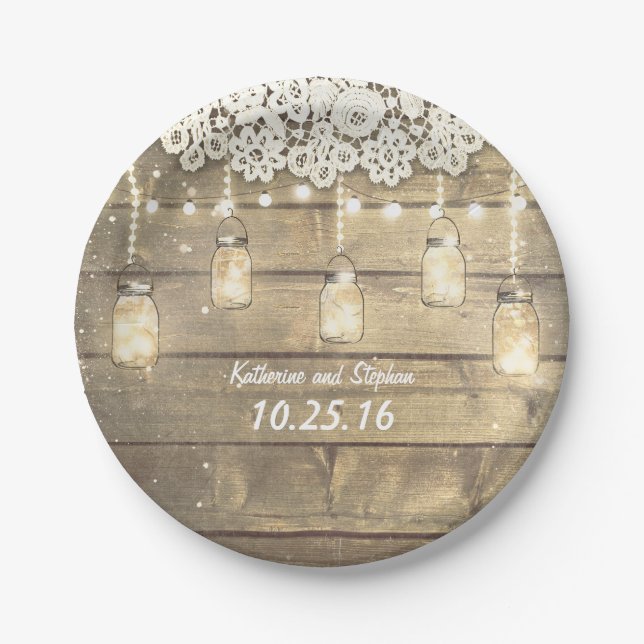 rustic mason jars string lights lace  wood paper plate (Front)