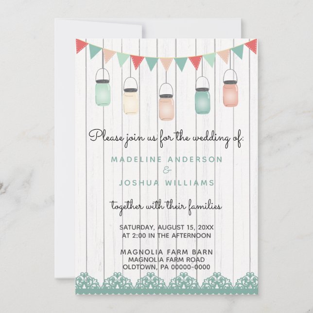Rustic Mason Jars String Lights on Wood Wedding Invitation (Front)