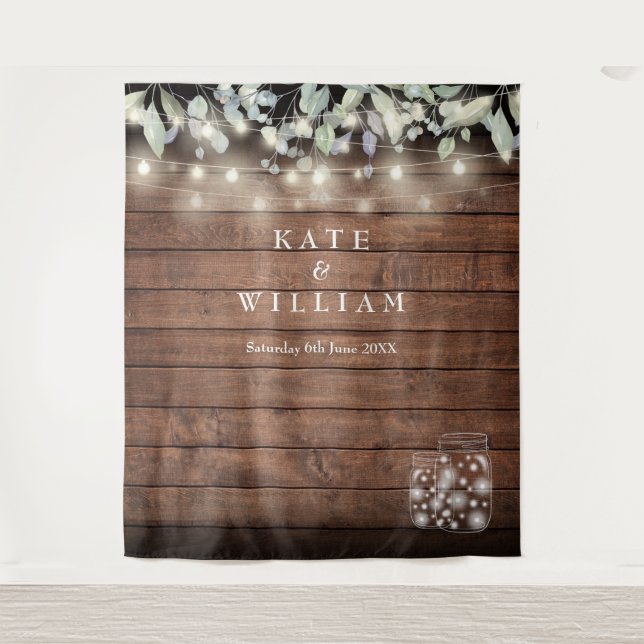 Rustic Mason Jars String Lights Photo Backdrop Tapestry (Front)