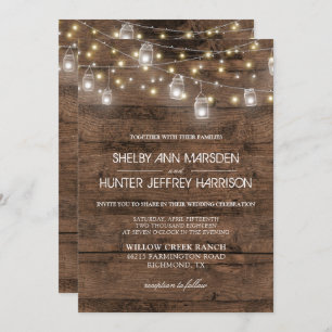 Rustic Mason Jars String Lights Photo Wedding Invitation
