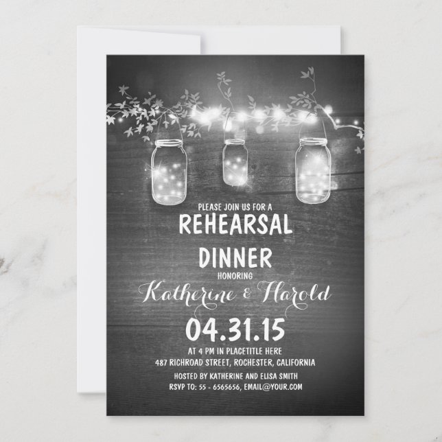 rustic mason jars & string lights rehearsal dinner invitation (Front)