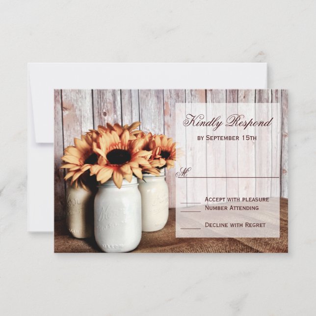 Rustic Mason Jars Sunflowers Wedding RSVP Cards (Front)
