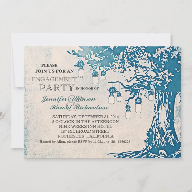 Rustic mason jars tree engagement party invitation (Front)