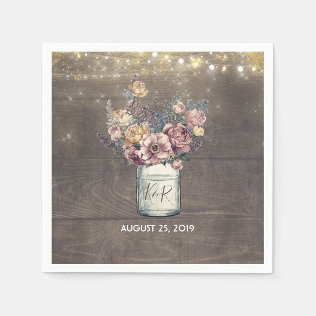 Rustic Mauve and Gold Floral Mason Jar Wedding Napkin (Front)