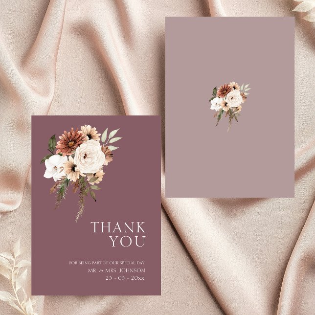 Rustic Mauve Peach Floral Wedding Thank You (Rustic Purple and Peach Floral Wedding Thank You Card)