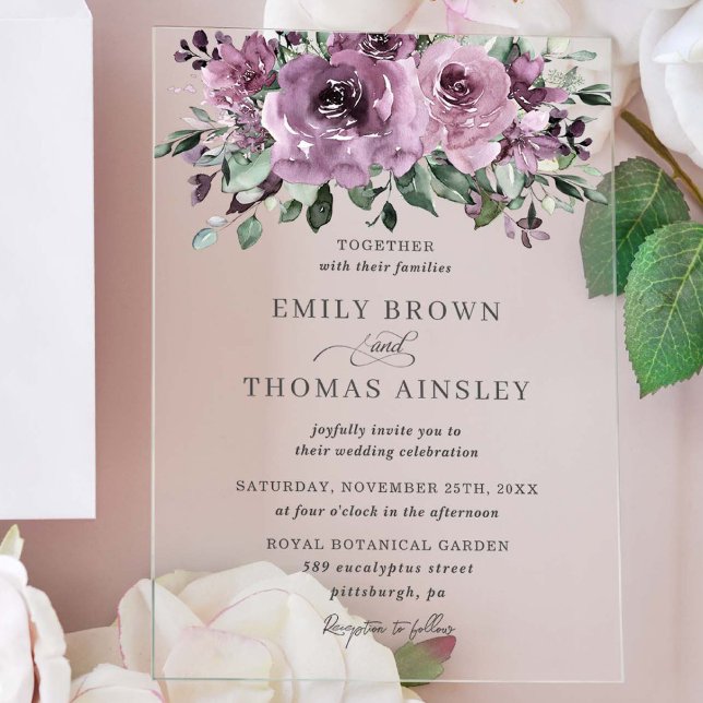 Rustic Mauve Plum Purple Floral Greenery Wedding Acrylic Invitations (Creator Uploaded)