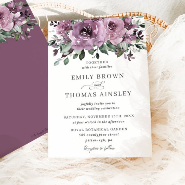 Rustic Mauve Plum Purple Floral Greenery Wedding Invitation (Creator Uploaded)