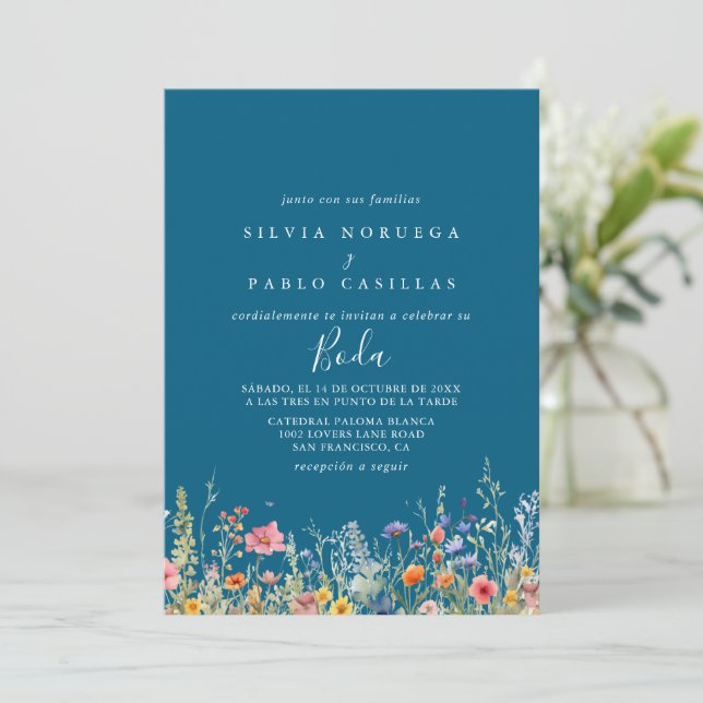 Rustic Meadow Botanical Spanish Wedding Invitation (Standing Front)