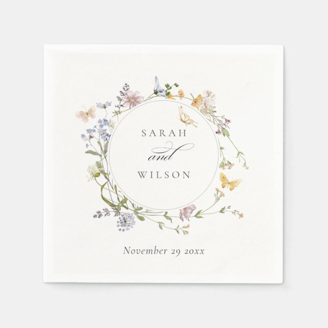 Rustic Meadow Floral Wreath Butterfly Wedding Napkin (Front)