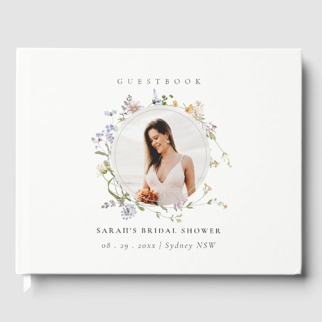 Rustic Meadow Floral Wreath Photo Bridal Shower Guest Book (Front)