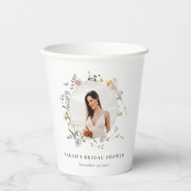 Rustic Meadow Floral Wreath Photo Bridal Shower Paper Cups (Front)