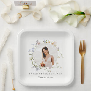 Rustic Meadow Floral Wreath Photo Bridal Shower Paper Plate
