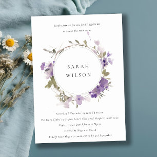 Rustic Meadow Lilac Floral Wreath Baby Shower Invitation