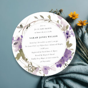 Rustic Meadow Lilac Floral Wreath Baby Shower Invitation