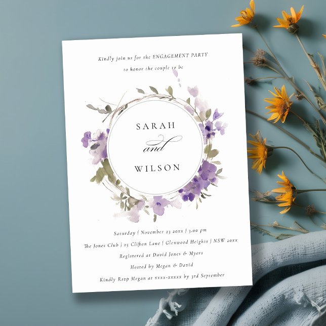 Rustic Meadow Lilac Floral Wreath Engagement Invitation (Creator Uploaded)