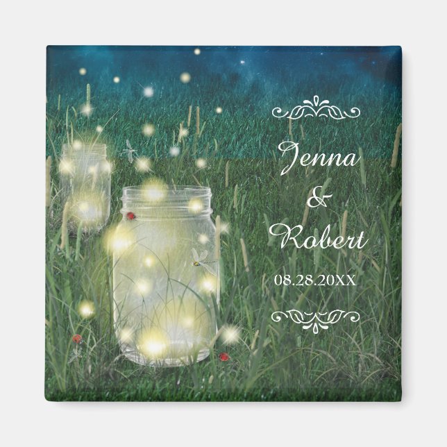 Rustic Meadow Summer Night Mason Jar and Fireflies Magnet (Front)