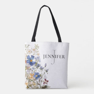 Rustic Meadow Wildflowers Monogram Tote Bag