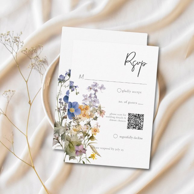 Rustic Meadow Wildflowers Purple Watercolor QR RSVP Card (Rustic Meadow Wildflowers Purple Watercolor QR Code RSVP Card)