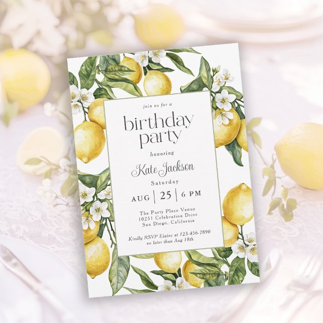Rustic Mediterranean Lemon Blossom Birthday Invitation (Invitation may be ordered in both printed and digital formats.)