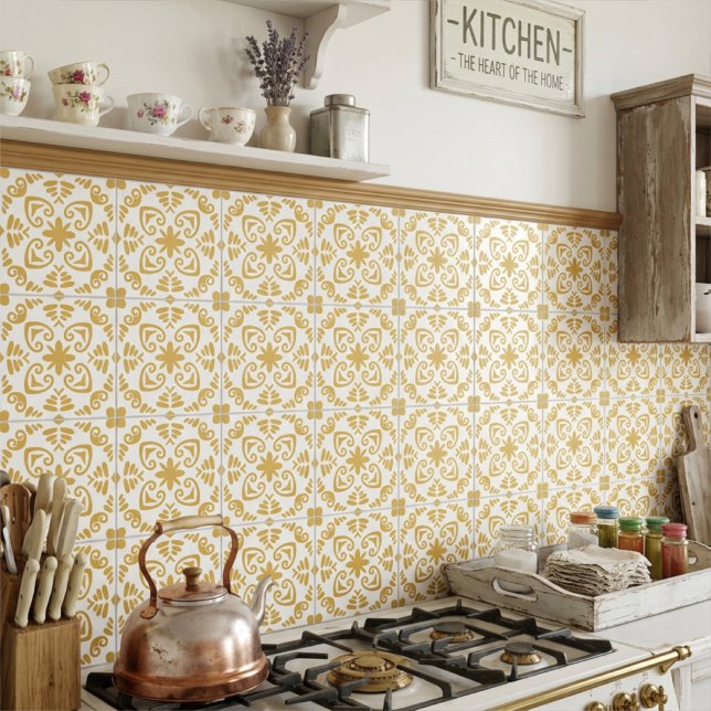 Rustic Mediterranean Mustard Yellow White Tile (Creator Uploaded)