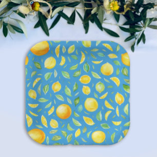 Rustic Mediterranean Yellow Lemons Blue Watercolor Paper Plate