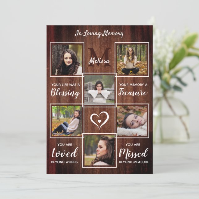 Rustic Memorial Photo Collage Sympathy Funeral Thank You Card (Standing Front)